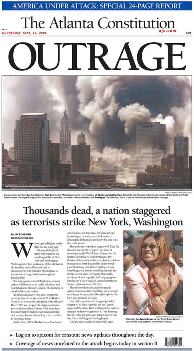 <p>"Outrage: Thousands dead, a nation staggered as terrorists strike New York, Washington"</p>