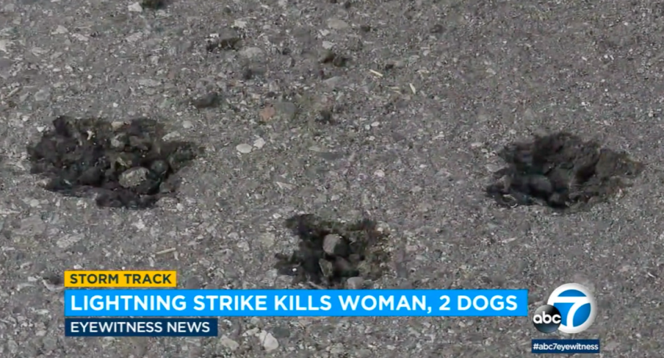 El rayo que cayó sobre Mendoza y sus dos perros agrietó el asfalto, y dejó tras de sí agujeros en el suelo donde se encontraban las patas de ella y de sus perros (ABC 7/captura de pantalla de vídeo)