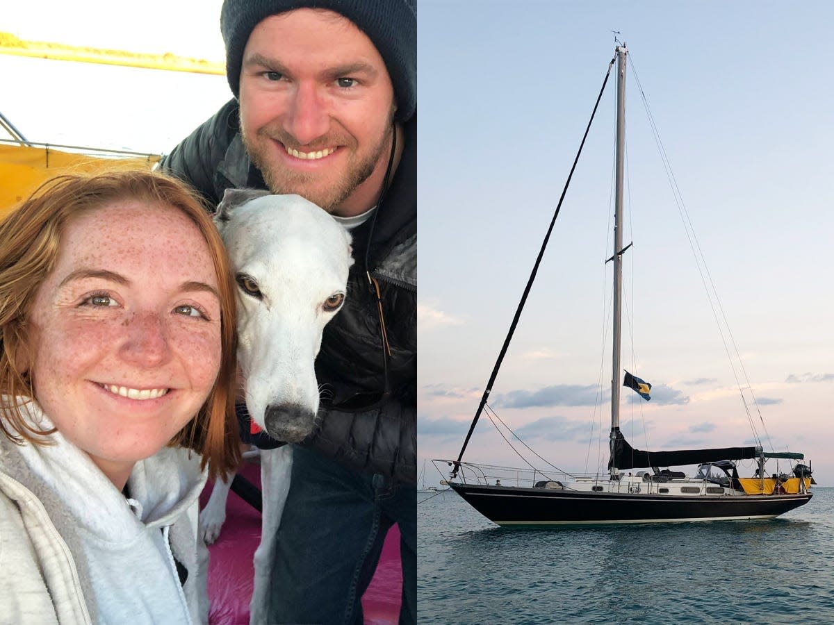 On the left, Casey, her dog, and boyfriend taking a selfie together. On the right, her sailboat out at sea.