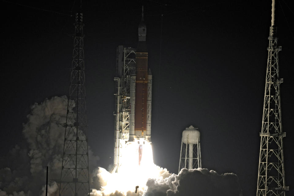 NASA's new moon rocket lifts off from Kennedy Space Center's Launch Pad 39-B Wednesday, Nov. 16, 2022, in Cape Canaveral, Fla. (AP Photo/Chris O'Meara)