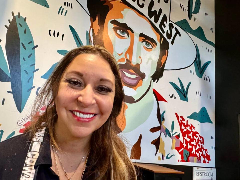 Enchiladas Ole founder Mary Patino Vasquez and a mural in the Camp Bowie Boulevard location. Bud Kennedy/bud@star-telegram.com