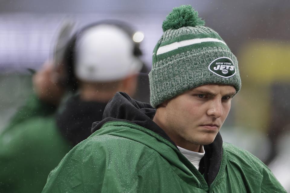 New York Jets quarterback Zach Wilson walks the sidelines during a game against the Atlanta Falcons, Sunday, Dec. 3, 2023, in East Rutherford, N.J. According to sources, the Jets plan to move on from Wilson after the season. | Adam Hunger, Associated Press