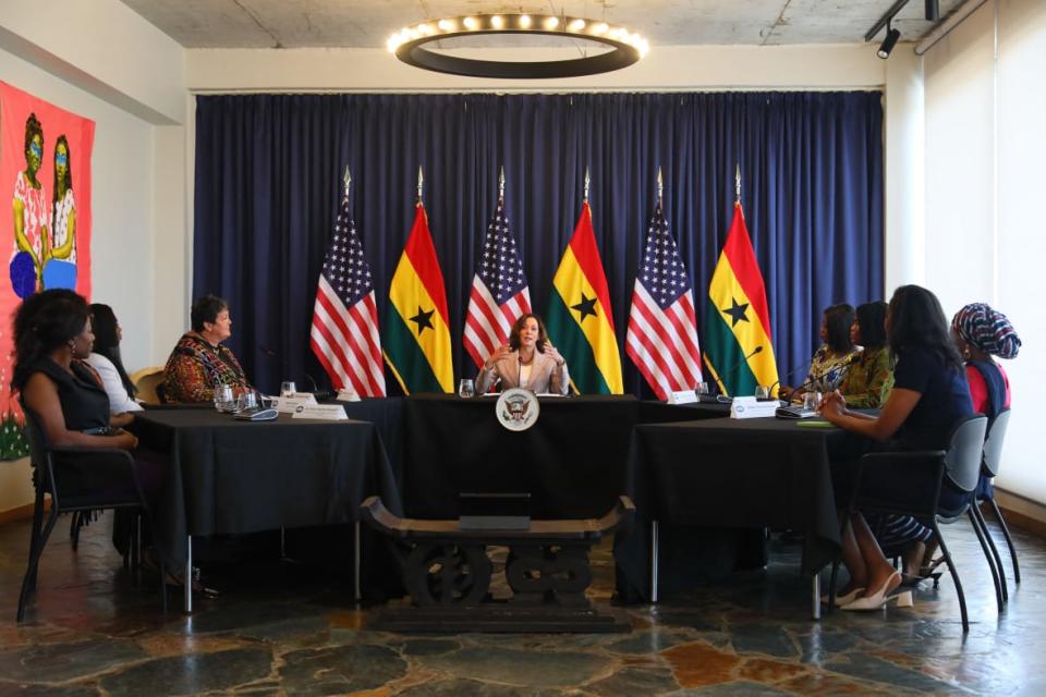 Vice President Kamala Harris (center) in a meeting with Ghanaian female entrepreneurs on March 29, 2023, at The Mix Design Hub in Accra, Ghana. Harris announced a series of U.S. government investments and initiatives to foster women’s political, economic and social inclusion on the continent of Africa. (Photo by Nipah Dennis / AFP) (Photo by NIPAH DENNIS/AFP via Getty Images)