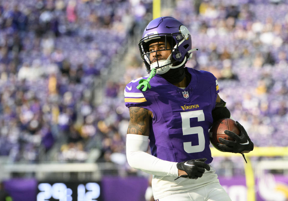 MINNEAPOLIS, MINNESOTA - NOVEMBER 12: Mekhi Blackmon #5 of the Minnesota Vikings warms up before the game against the New Orleans Saints at U.S. Bank Stadium on November 12, 2023 in Minneapolis, Minnesota. (Photo by Stephen Maturen/Getty Images)