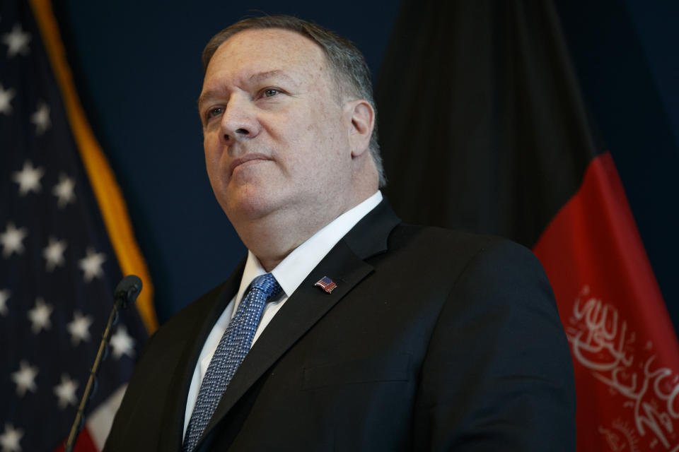 Secretary of State Mike Pompeo listens to a question during a news conference at U.S. Embassy Kabul, Tuesday, June 25, 2019, during an unannounced visit to Kabul, Afghanistan. (AP Photo/Jacquelyn Martin, Pool)