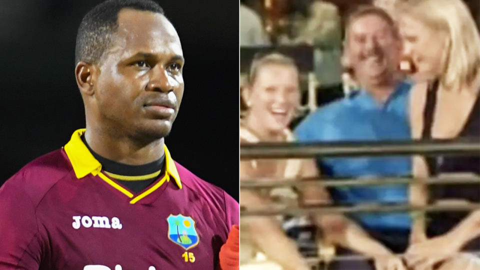 West Indian cricketer Marlon Samuels has dragged the wives of other England players into a petty social media spat he is engaging in with Ben Stokes. Pictures: Getty Images/YouTube