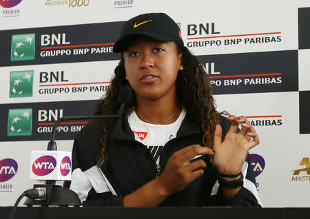 Tennis - WTA Premier 5 - Italian Open - Foro Italico, Rome, Italy - May 17, 2019 Japan's Naomi Osaka during a press conference after withdrawing from her quarter final match against Kiki Bertens of Netherlands due to injury REUTERS/Matteo Ciambelli