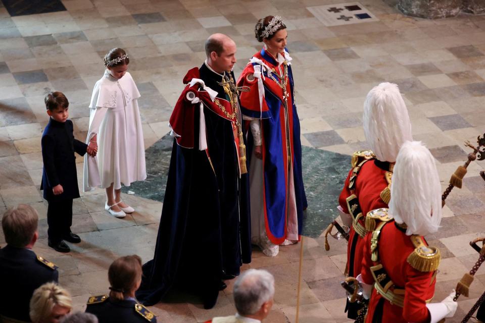 britains prince william, prince of wales, britains catherine, princess of wales, britains princess charlotte of wales and britains prince louis of wales arrive at westminster abbey in central london on may 6, 2023, ahead of the coronations of britains king charles iii and britains camilla, queen consort the set piece coronation is the first in britain in 70 years, and only the second in history to be televised charles will be the 40th reigning monarch to be crowned at the central london church since king william i in 1066 outside the uk, he is also king of 14 other commonwealth countries, including australia, canada and new zealand camilla, his second wife, will be crowned queen alongside him, and be known as queen camilla after the ceremony photo by phil noble pool afp photo by phil noblepoolafp via getty images