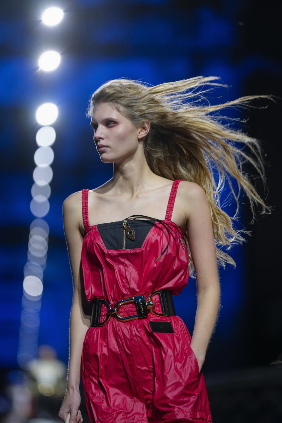 A model wears a creation for the Louis Vuitton Pre-Fall 2023 show in Seoul, South Korea, Saturday, April 29, 2023. (AP Photo/Lee Jin-man)