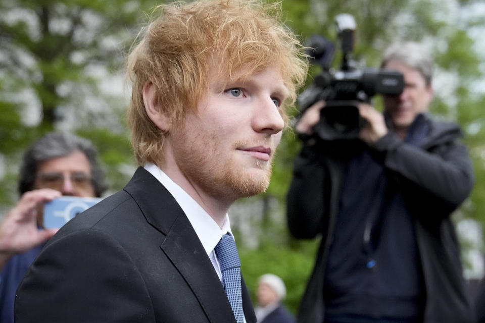 Recording artist Ed Sheeran departs after speaking to the media outside New York Federal Court after wining his copyright infringement trial, Thursday, May 4, 2023, in New York. (AP Photo/John Minchillo)