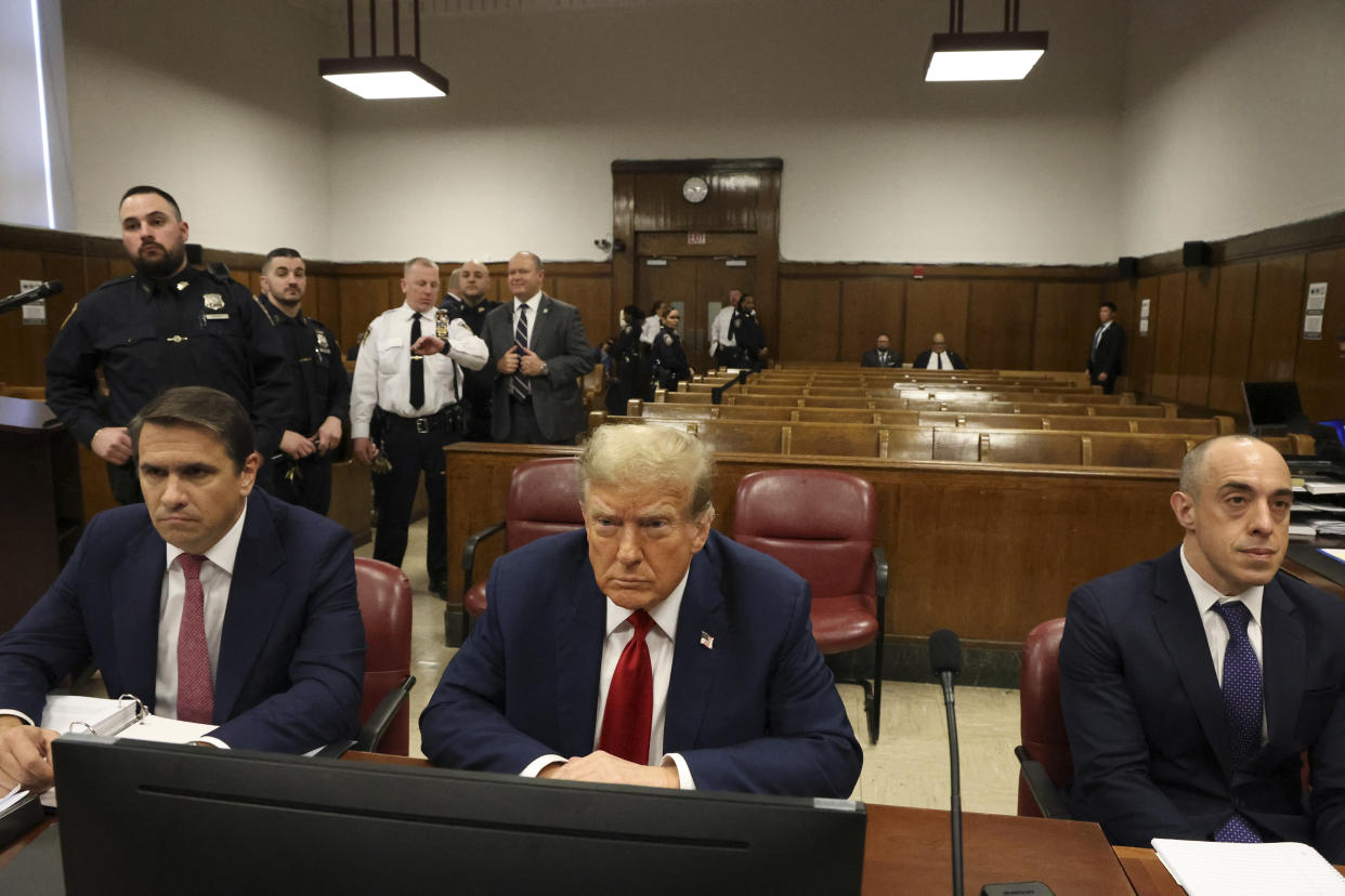 Former President Donald Trump appears in the courtroom for the first day of his criminal trial at Manhattan Criminal Court in New York, April 15, 2024. (Jefferson Siegel/The New York Times)