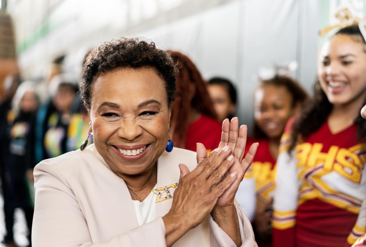 Rep. Barbara Lee backstage before her U.S. Senate campaign launch rally.