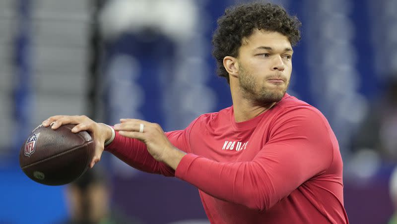 BYU quarterback Jaren Hall runs a drill at the NFL combine in Indianapolis, Saturday, March 4, 2023. Hall will learn his football fortunes at this week’s NFL draft, which runs Thursday through Saturday.