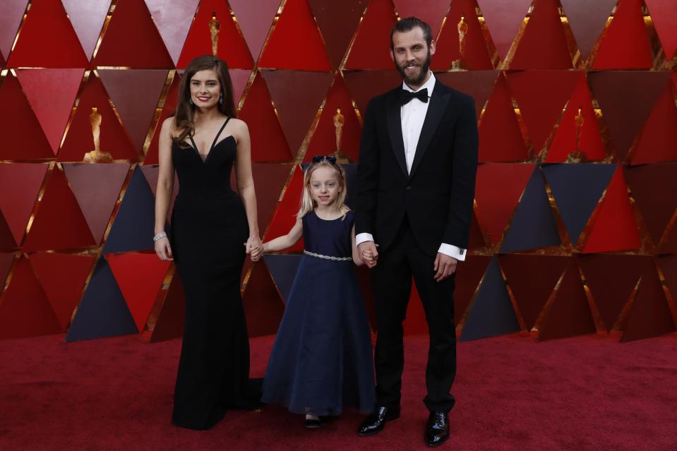 90th Academy Awards – Oscars Arrivals – Hollywood, California, U.S., 04/04/2018 – Actors Rachel Shenton, Maisie Sly and Chris Overton REUTERS/Carlo Allegri