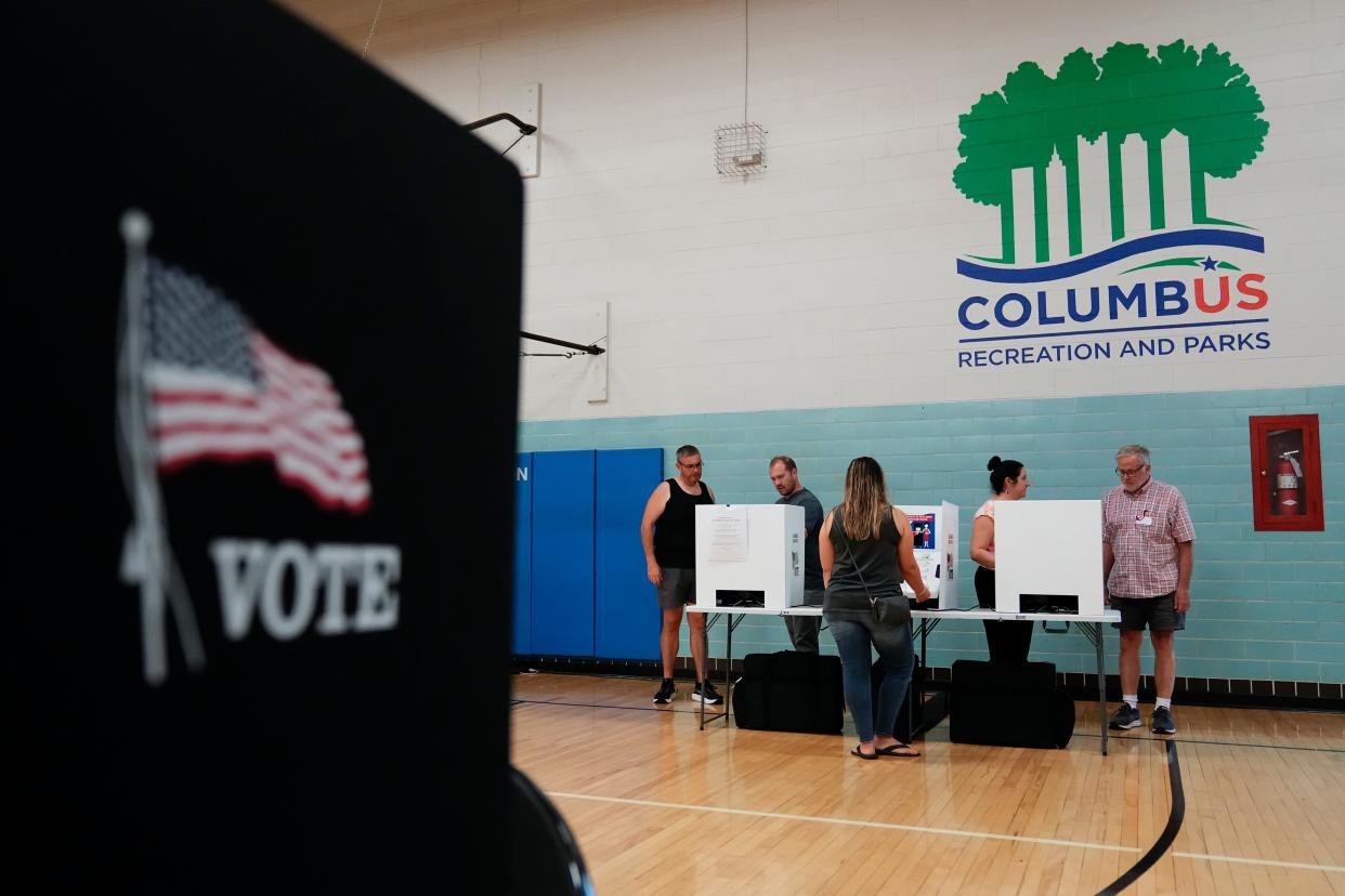 Aug 8, 2023; Columbus, Ohio, USA; Voters cast their ballots during a special election for Issue 1 at the Schiller Recreation Center in German Village. 