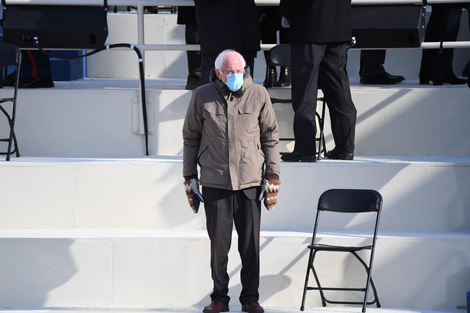 Sen. Bernie Sanders, I-Vt., arrives at the inauguration of Joe Biden and Kamala Harris as president and vice president of the United States at the U.S. Capitol.