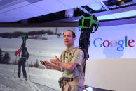 SAN FRANCISCO, CA - JUNE 06: Luc Vincent, Google Engineering Director for Street View, demonstrates a backpack camera called Trekker during a news conference about Google Maps on June 6, 2012 in San Francisco, California. Google announced new upgrades to Google maps including a feature to download maps and view offline, better 3D mapping and a backpack camera backpack camera device called Trekker that will allow Street View to go offroad on hiking trails and places only accessible by foot. (Photo by Justin Sullivan/Getty Images)