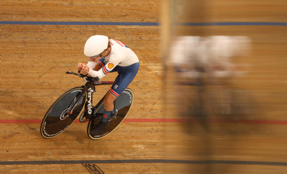 Britain's Daphne Schrager in action during the women's C2 individual pursuit finals 