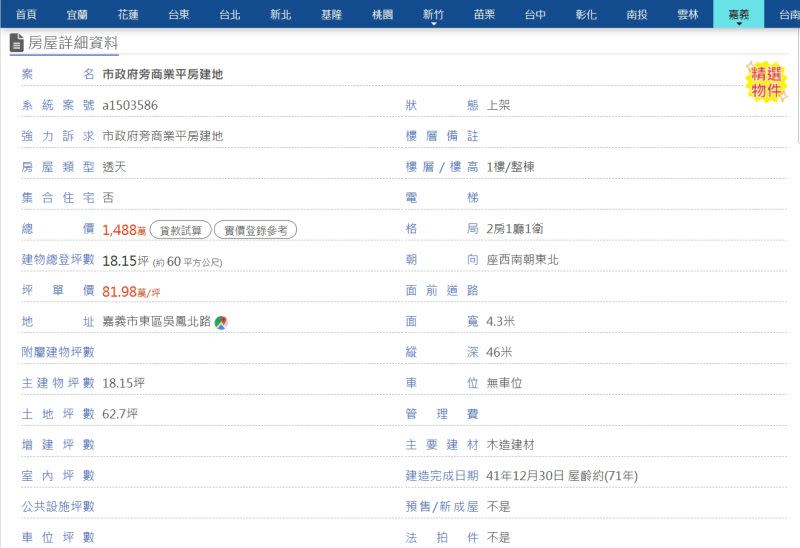 ▲嘉義東區71年老平房開價1488萬元，每坪單價破80萬元，查實價登錄發現這區都是這個價。（圖／翻攝自yes319房屋市集網站）