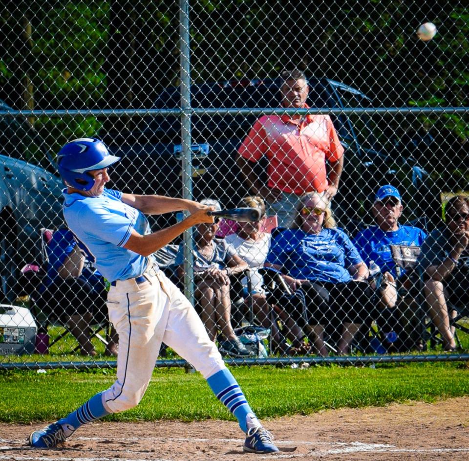 Kenny Cutler smacks a two-run double during Colo-NESCO's 5-3 loss to Gladbrook-Reinbeck in the Class 1A district first round Saturday at Reinbeck.