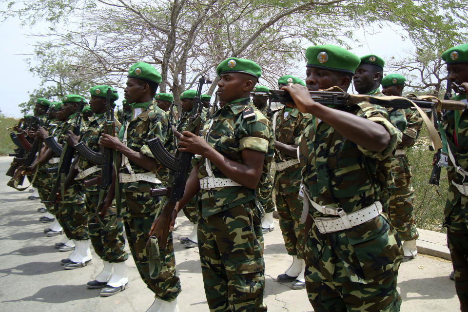 Burundian soldiers, part of the African Union troops, march at their base in Mogadishu, Somalia, Jan.24, 2011. The second phase of the African Union troop withdrawal from Somalia has started, the bloc said Monday, Sept. 18, 2023. The pullout follows a timeline for the handover of security to the country's authorities, which are fighting al-Qaida’s affiliate in East Africa — the Somalia-based al-Shabab. (AP Photos Farah Abdi Warsameh)