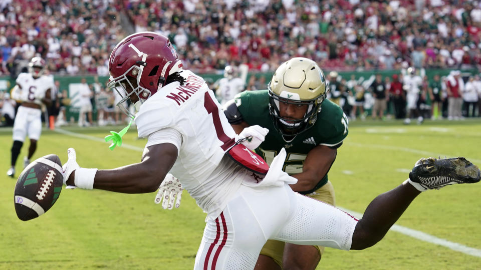 Alabama defensive back Kool-Aid McKinstry (1) breaks up a pass intended for South Florida wide receiver Jaden Alexis during the first half of an NCAA college football game Saturday, Sept. 16, 2023, in Tampa, Fla. (AP Photo/Chris O'Meara)