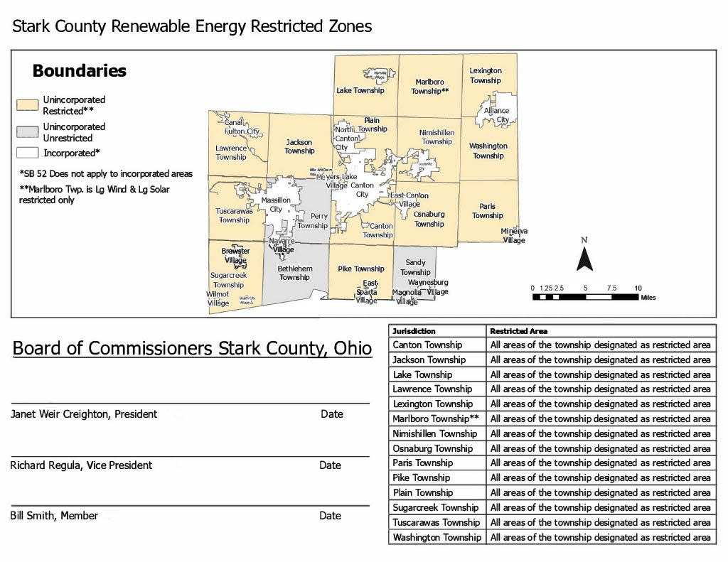 Fourteen Stark County townships want large wind and solar banned in their communities. Proposed restricted areas shown on the map would be off limits for any future construction of some wind and solar projects. Community members can weigh in on the proposal June 24.