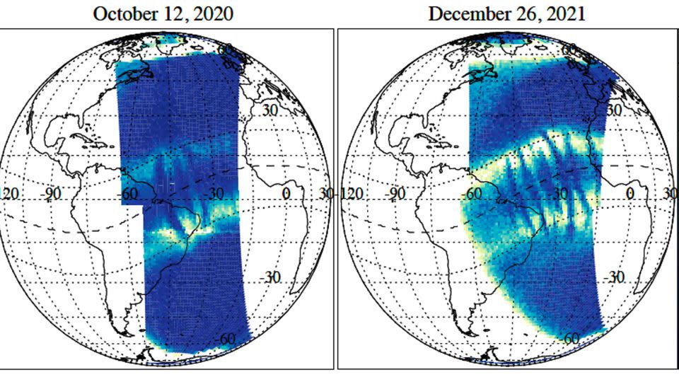 Las observaciones de GOLD capturaron burbujas de plasma en forma de C y en forma de C invertida muy juntas en la ionosfera el 12 de octubre de 2020 y el 26 de diciembre de 2021. - Cortesía de D. Karan et al.