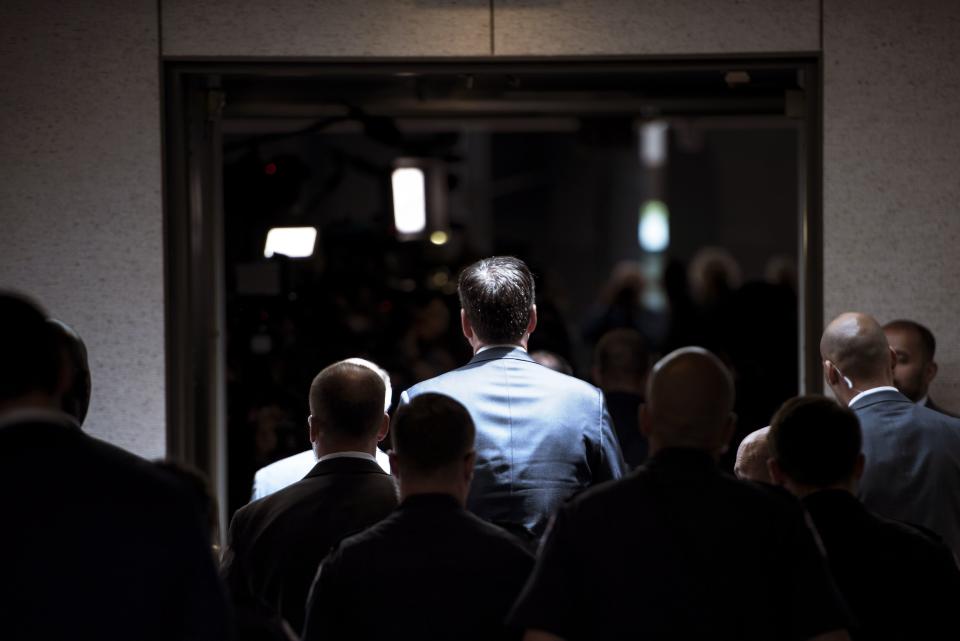 Former FBI Director James Comey walks to a closed-door hearing before the Senate Select Committee on Intelligence on June 8, 2017.