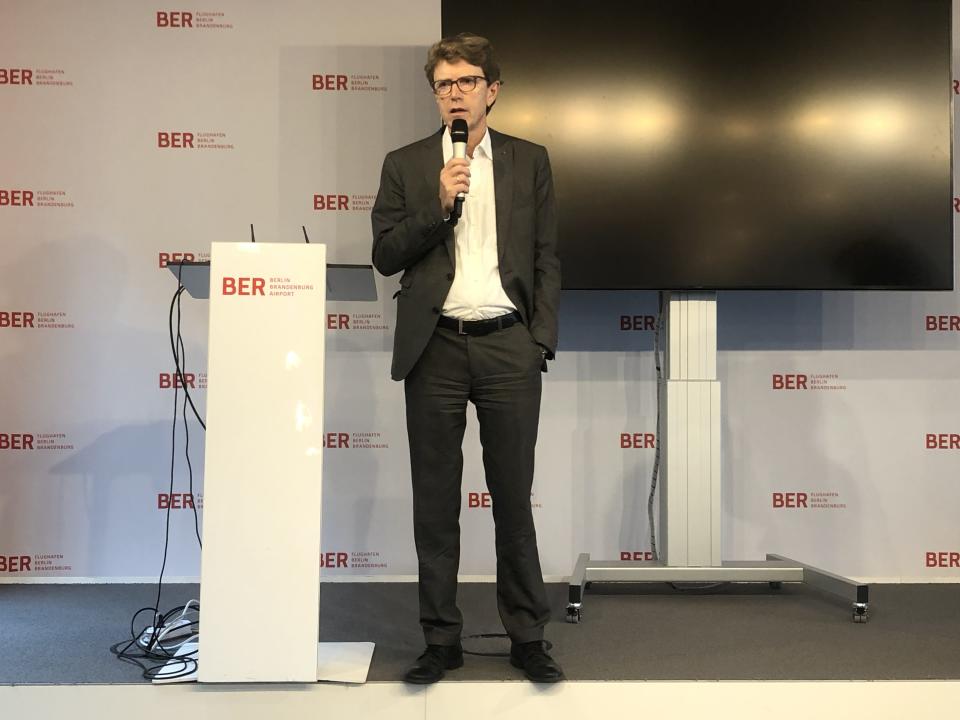 Airport chief executive Engelbert Lütke-Daldrup speaks to the press in Berlin airport, 27 October, 2020. Photo: Jill Petzinger