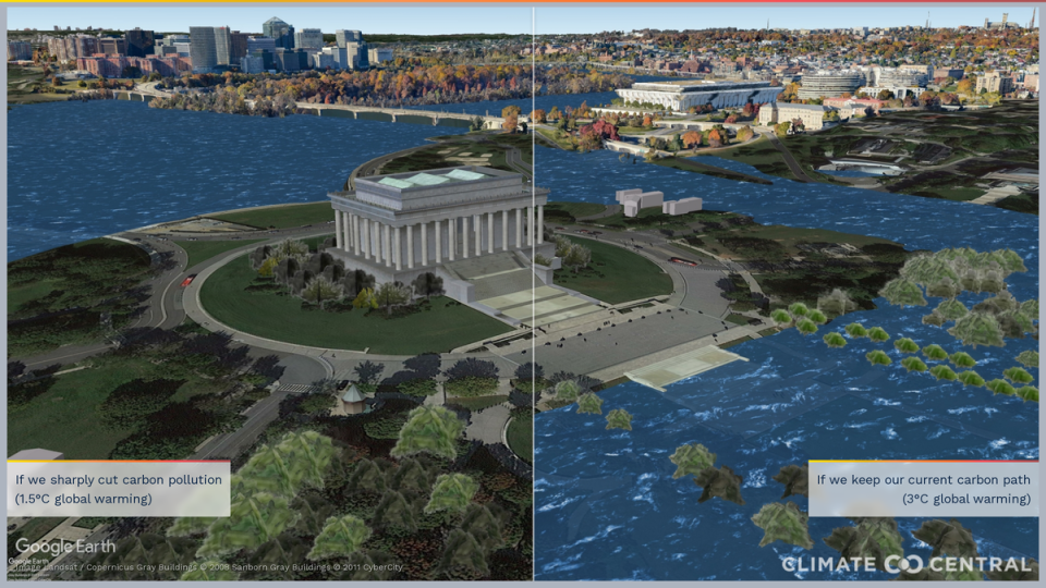 Water levels at the Lincoln Memorial in Washington, DC, USA if global warming hits 1.5C (left) or 3C (right). (Climate Central)