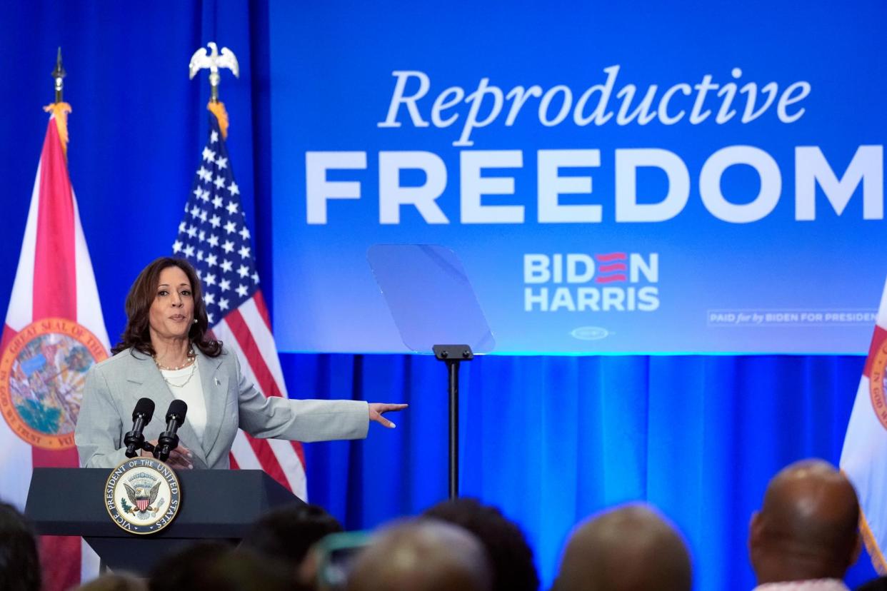 <span>Kamala Harris speaks about the implementation of Florida's abortion ban, in Jacksonville in May.</span><span>Photograph: John Raoux/AP</span>