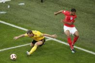 <p>Belgium’s Jan Vertonghen, left, and England’s Ruben Loftus-Cheekduring fight for the ball during the third place match between England and Belgium at the 2018 soccer World Cup in the St. Petersburg Stadium in St. Petersburg, Russia, Saturday, July 14, 2018. (AP Photo/Dmitri Lovetsky) </p>