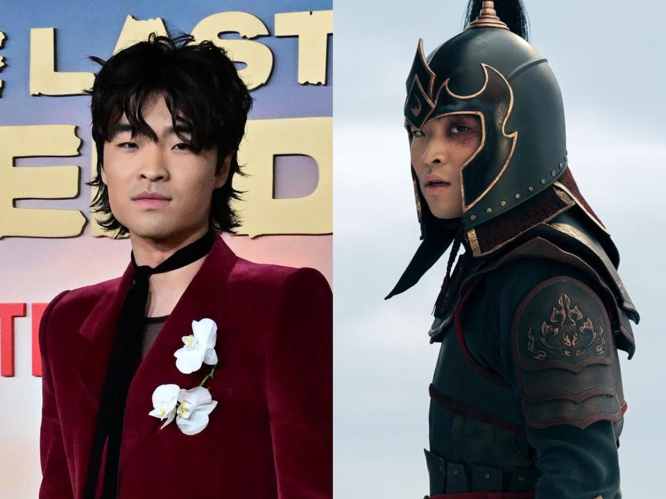 left: dallas liu wearing a red velvet suit, black velvet tie around his neck, and white flowers in the breast pocket, his hair tousled; right: liu as zuko in avatar, wearing armor and a helmet and with a red burn scar over his left eye