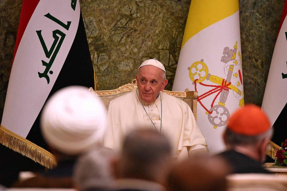 El Papa Francisco pronuncia su discurso en el Palacio Presidencial de Bagdad,