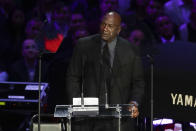 Former NBA player Michael Jordan cries while speaking during a celebration of life for Kobe Bryant and his daughter Gianna Monday, Feb. 24, 2020, in Los Angeles. (AP Photo/Marcio Jose Sanchez)