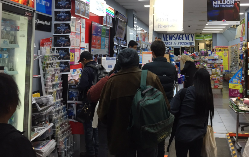 A queue in a newsagent for a big Powerball jackpot.