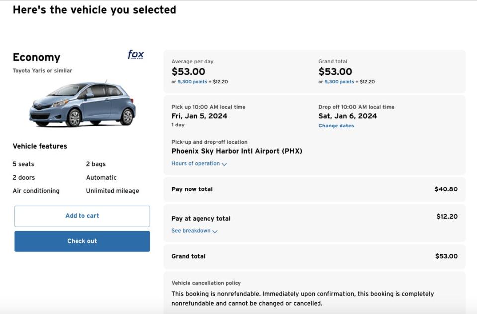 Screenshot of car rental detail screen on Citi Travel Portal.