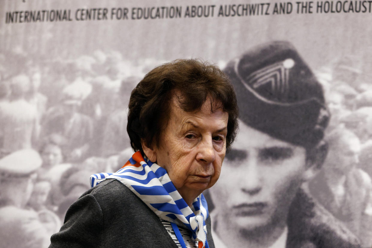 Holocaust survivor Barbara Doniecka attends a meeting of survivors with media in Oswiecim, Poland, Thursday, Jan. 26, 2023. Survivors of Auschwitz-Birkenau are gathering to commemorate the 78th anniversary of the liberation of the Nazi German death camp in the final months of World War II, amid horror that yet another war has shattered the peace in Europe. The camp was liberated by Soviet troops on Jan. 27, 1945. (AP Photo/Michal Dyjuk)