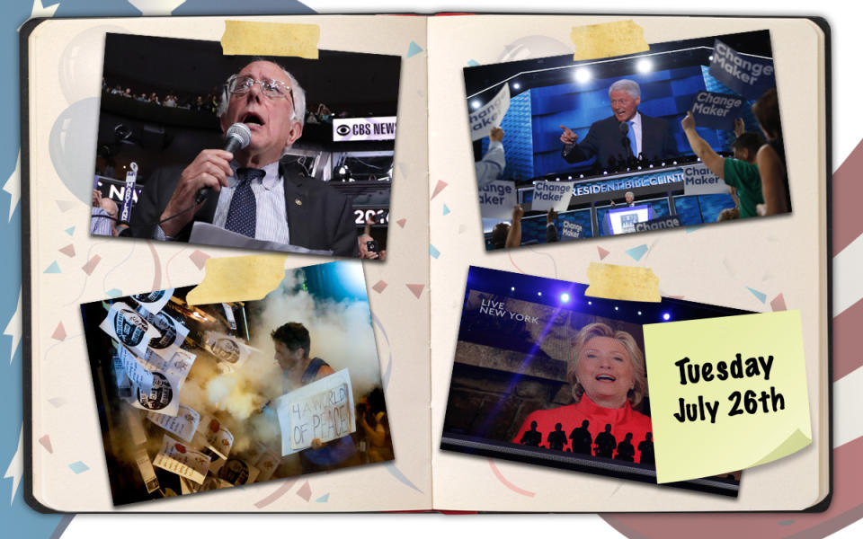 Bernie Sanders graciously caps off the roll call, Bill Clinton brings down the house, protests continue, and Hillary Clinton makes a surprise appearance at the Democratic National Convention in Philadelphia. (Photo illustration: Yahoo News, photos, clockwise from top right: Chip Somodevilla/Getty Images, Mark Kauzlarich/Reuters, John Minchillo/AP, Jim Young/Reuters, background photos: Getty Images [3])