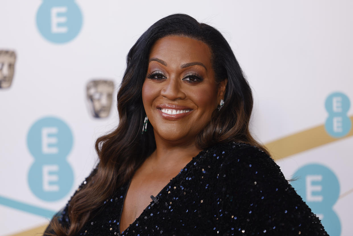 Alison Hammond poses for photographers upon arrival at the 76th British Academy Film Awards, BAFTA's, in London, Sunday, Feb. 19, 2023. (Photo by Vianney Le Caer/Invision/AP)
