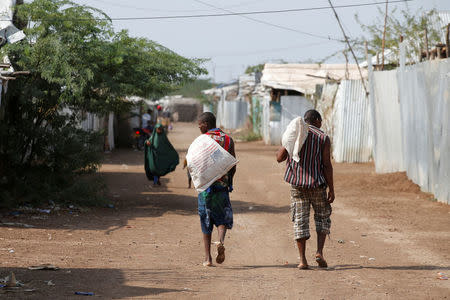 Men carry bags of food aid at the Kakuma refugee camp in northern Kenya, March 6, 2018. REUTERS/Baz Ratner