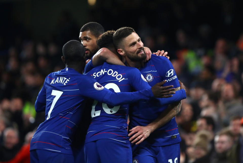 LONDON, ENGLAND - APRIL 03: Olivier Giroud of Chelsea FC celebrates scoring his teams first goal during the Premier League match between Chelsea FC and Brighton & Hove Albion at Stamford Bridge on April 03, 2019 in London, United Kingdom. (Photo by Chloe Knott - Danehouse/Getty Images)