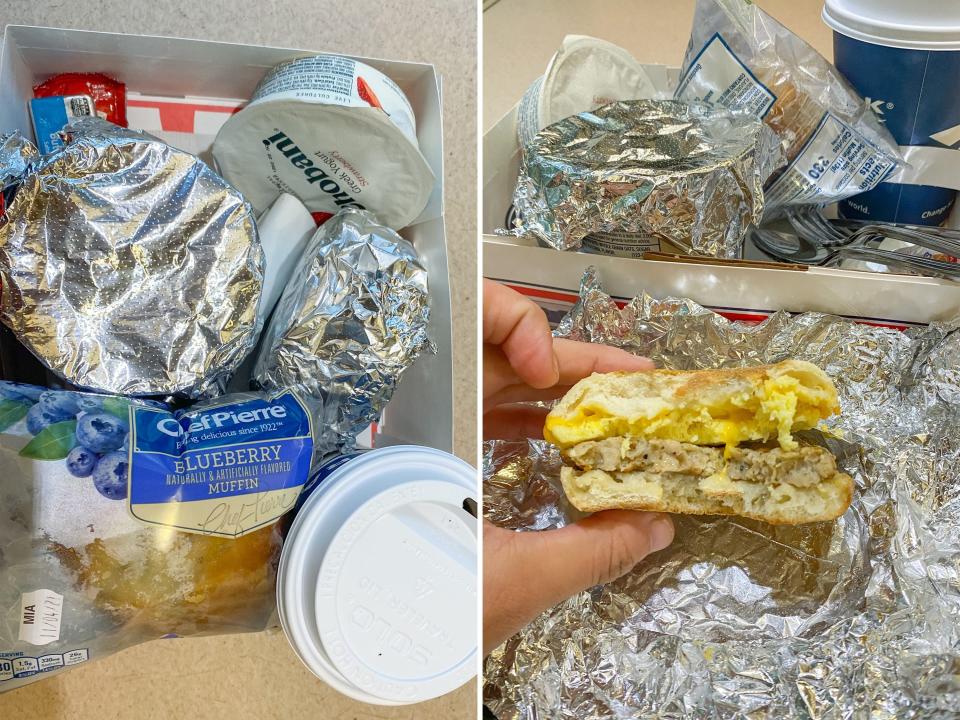 Two photos show the author's breakfast on the train