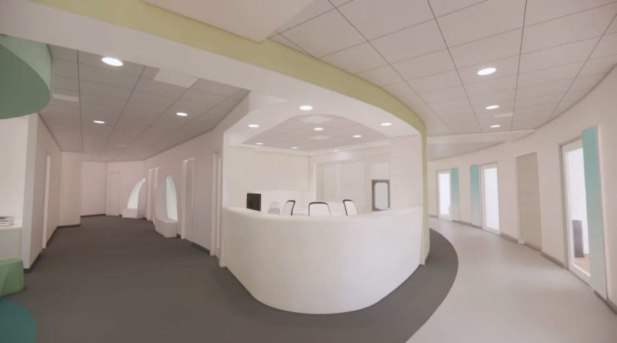 A rendering released by Corewell Health shows a nurse station in the pediatric medical psychiatric unit planned for Helen DeVos Children's Hospital in Grand Rapids.