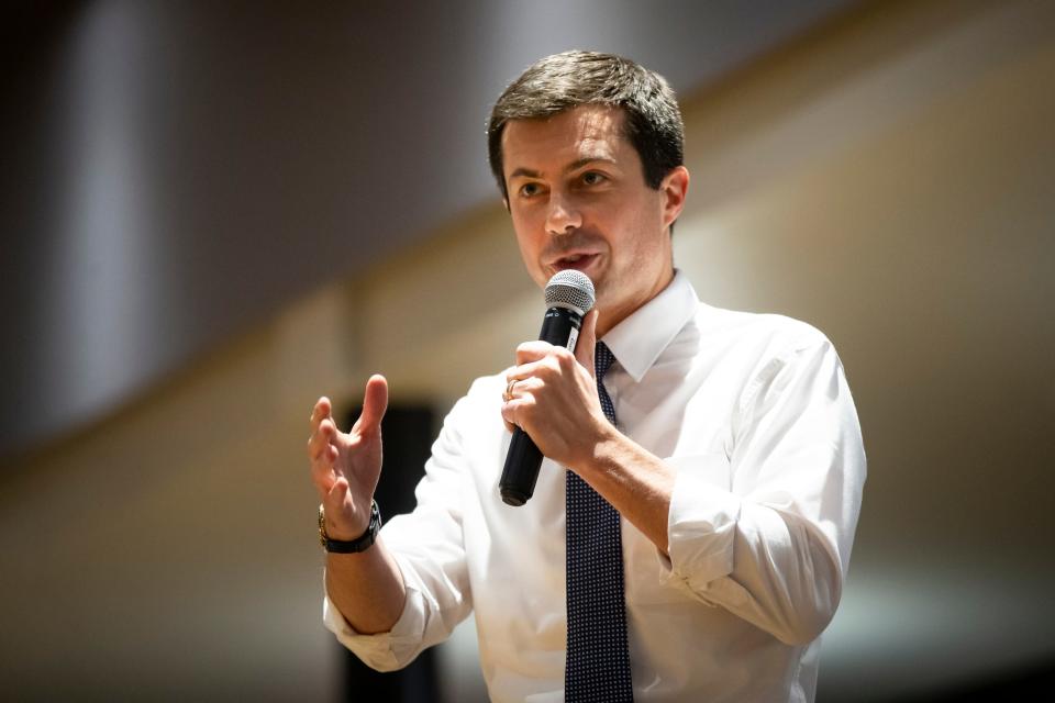 South Bend Indiana Mayor and 2020 Democratic presidential candidate Pete Buttigieg speaks at the Iowa Farmers Union Annual Convention at Hotel Grinnell on Friday, Dec. 6, 2019, in Grinnell.
