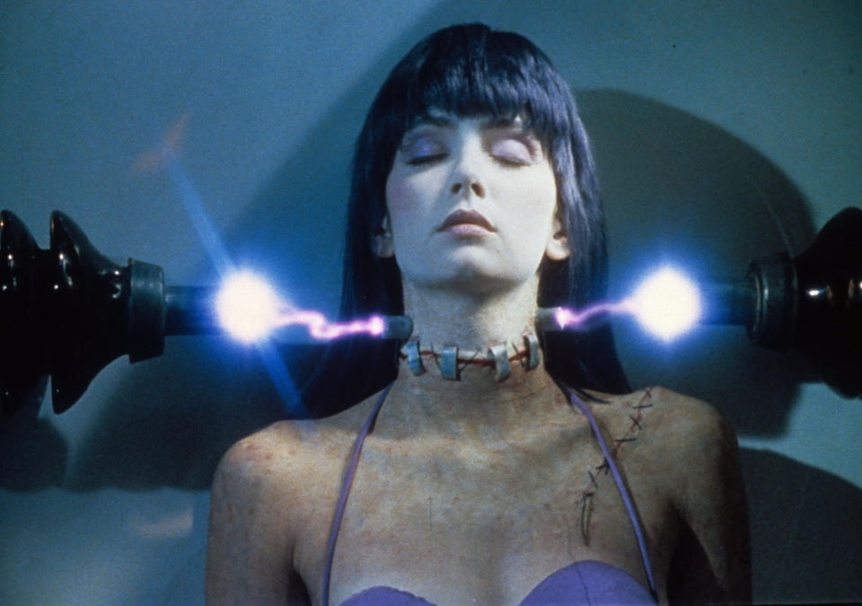 Patty Mullen gets electrified in a patchwork body in "Frankenhooker"