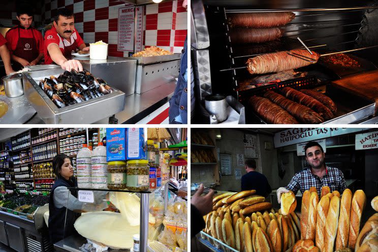 Clockwise from top left: Midye (stuffed mussels), kokorec (slow roasted lamb or goat intestines), freshly-baked baguettes, a woman making fresh puff pastry. [Photo: Erica Rae Chong]