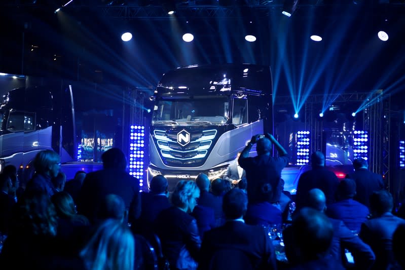 Italian-American industrial vehicle maker CNH's truck unit Iveco presents its new full-electric and hydrogen fuel-cell battery trucks in partnership with U.S. Nikola, at an event in Turin