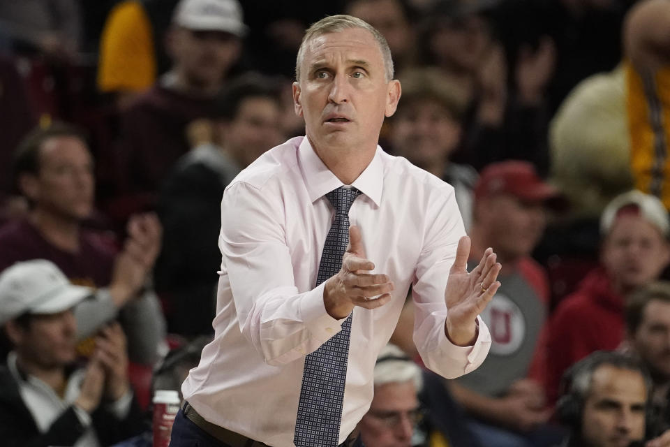 Arizona State coach Bobby Hurley cheers on the team during the second half of an NCAA college basketball game against Utah, Thursday, Jan. 4, 2024, in Tempe, Ariz. (AP Photo/Darryl Webb)